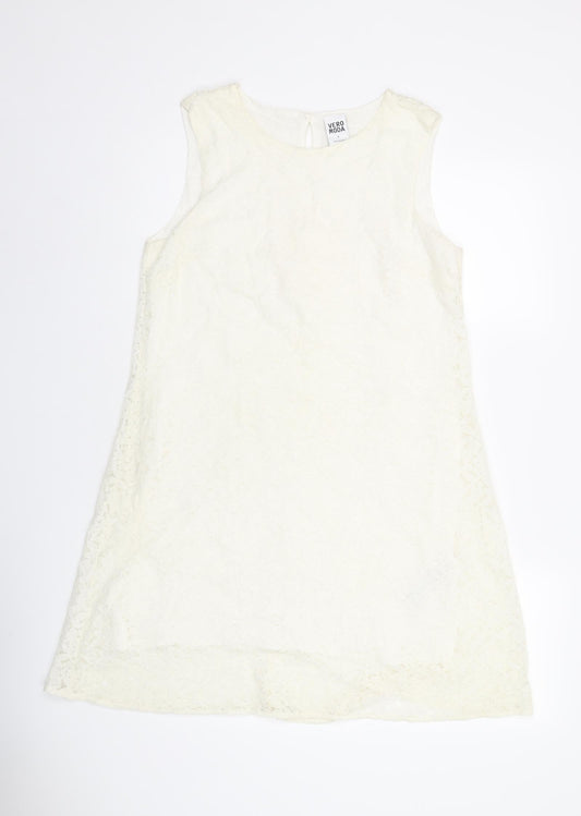 VERO MODA Womens White Floral Polyamide Shift Size M Boat Neck Button