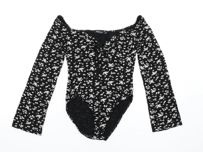 Nasty Gal Womens Black Floral Viscose Bodysuit One-Piece Size 6 Snap