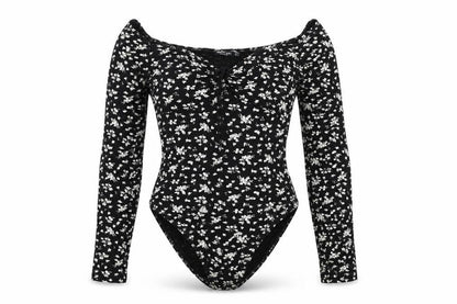 Nasty Gal Womens Black Floral Viscose Bodysuit One-Piece Size 6 Snap