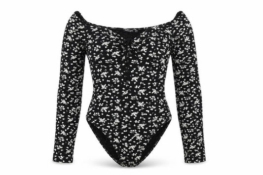 Nasty Gal Womens Black Floral Viscose Bodysuit One-Piece Size 6 Snap