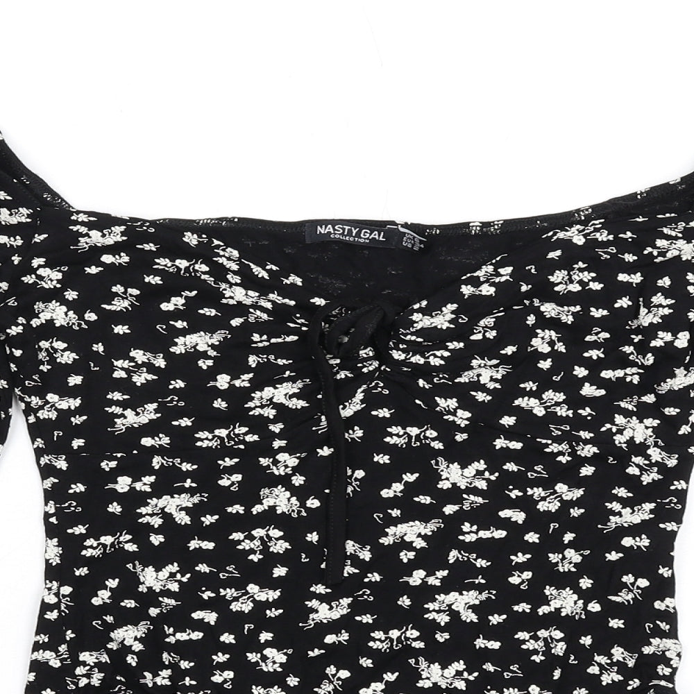 Nasty Gal Womens Black Floral Viscose Bodysuit One-Piece Size 6 Snap