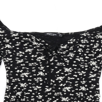 Nasty Gal Womens Black Floral Viscose Bodysuit One-Piece Size 6 Snap