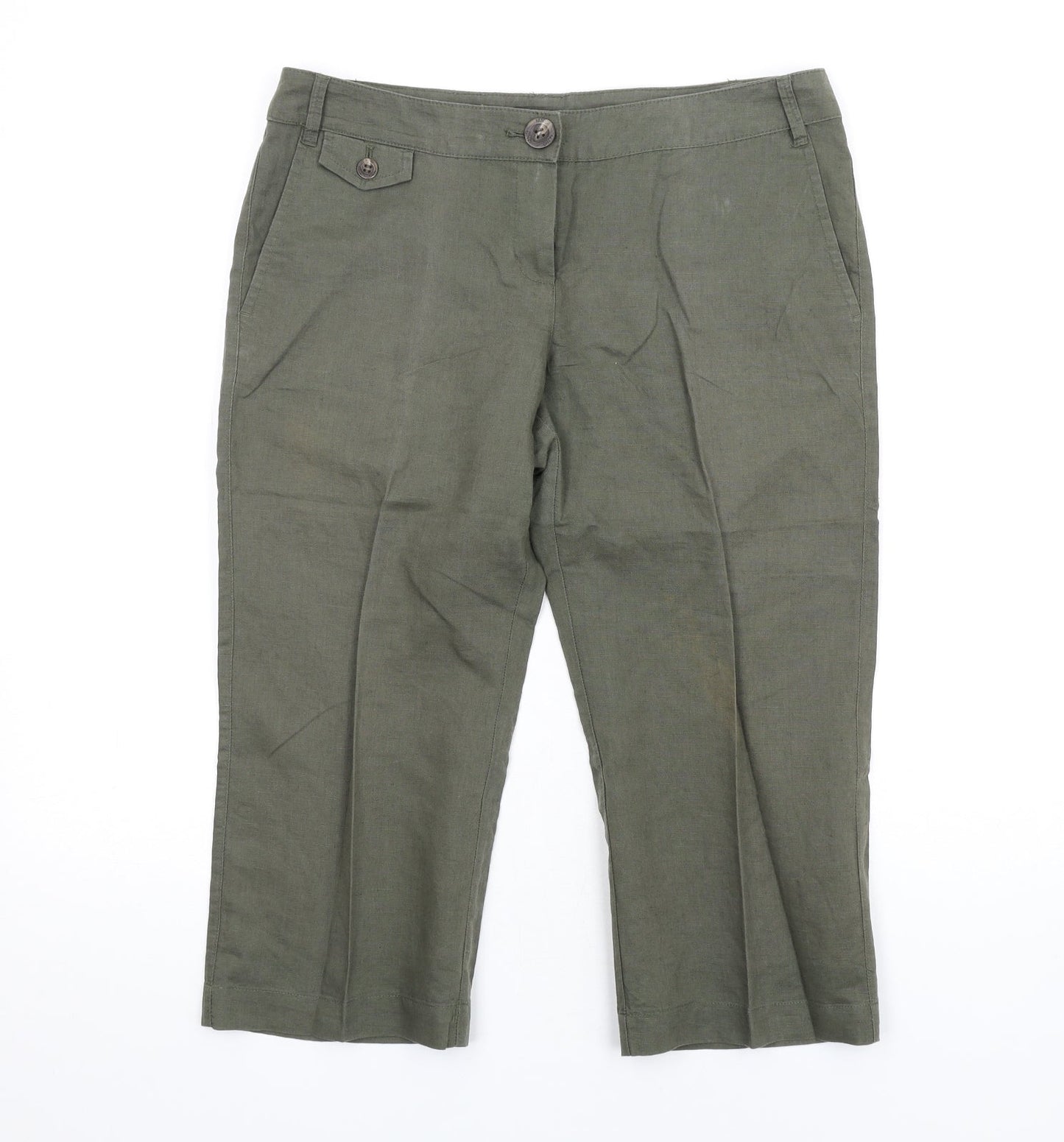 Mango Womens Green Linen Capri Trousers Size 12 L20 in Regular Zip