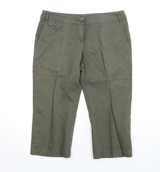 Mango Womens Green Linen Capri Trousers Size 12 L20 in Regular Zip