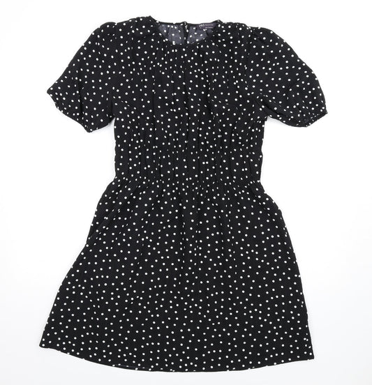 Marks and Spencer Womens Black Polka Dot Polyester A-Line Size 10 Round Neck Button