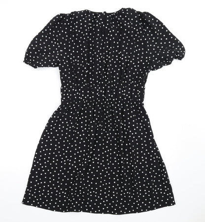 Marks and Spencer Womens Black Polka Dot Polyester A-Line Size 10 Round Neck Button