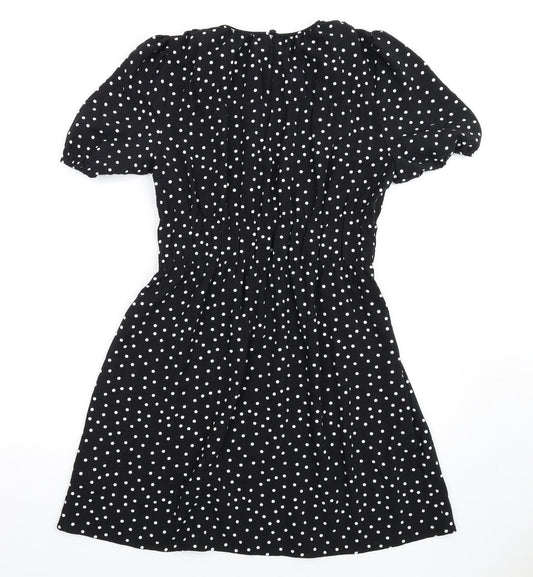 Marks and Spencer Womens Black Polka Dot Polyester A-Line Size 10 Round Neck Button