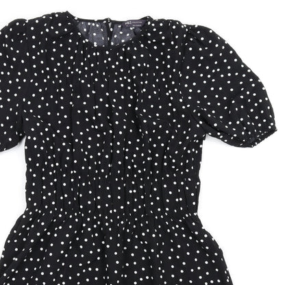 Marks and Spencer Womens Black Polka Dot Polyester A-Line Size 10 Round Neck Button