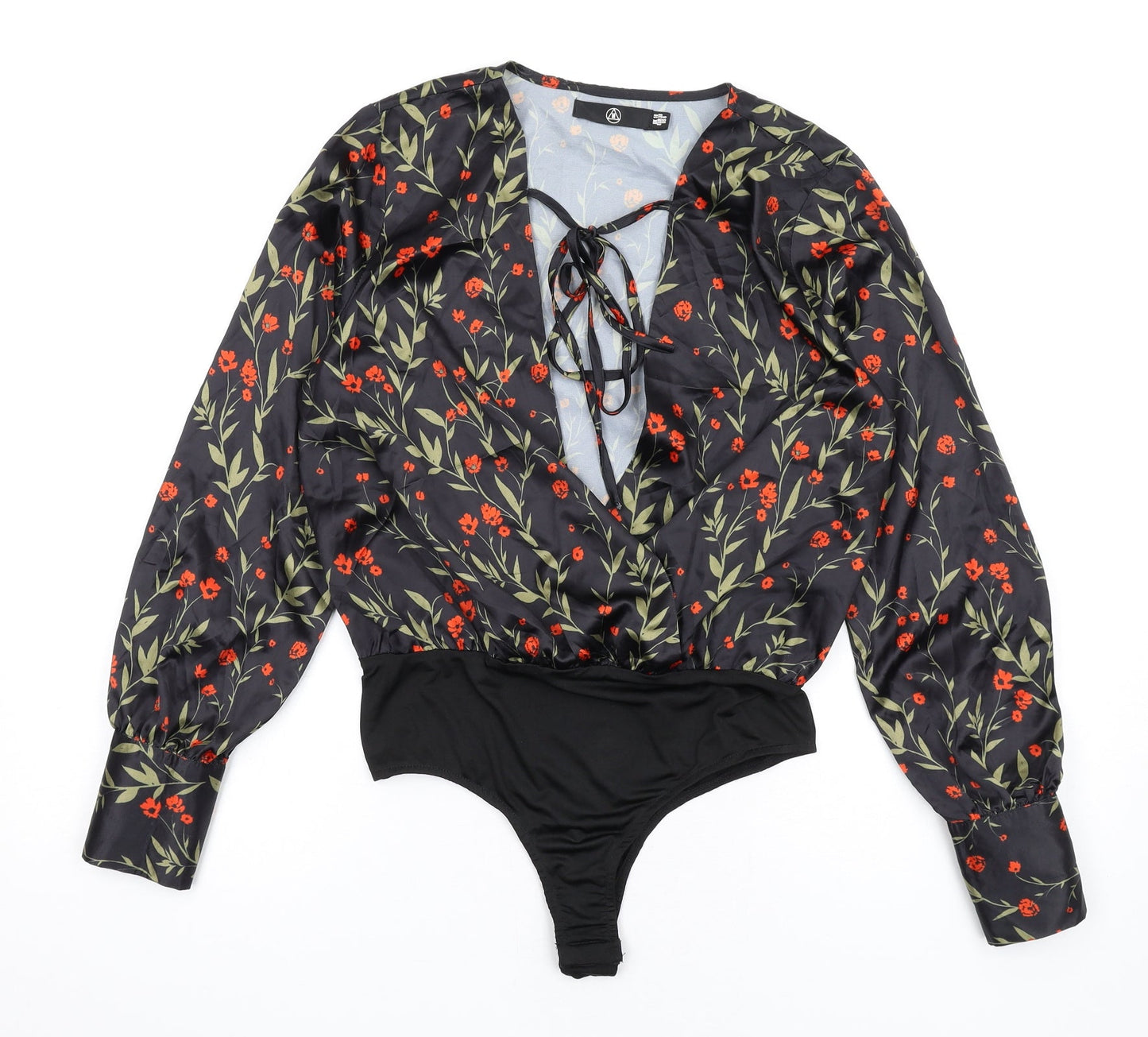 Missguided Womens Black Floral Polyester Bodysuit One-Piece Size 10 Snap