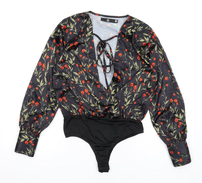 Missguided Womens Black Floral Polyester Bodysuit One-Piece Size 10 Snap