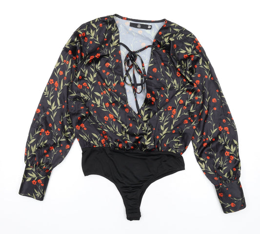 Missguided Womens Black Floral Polyester Bodysuit One-Piece Size 10 Snap