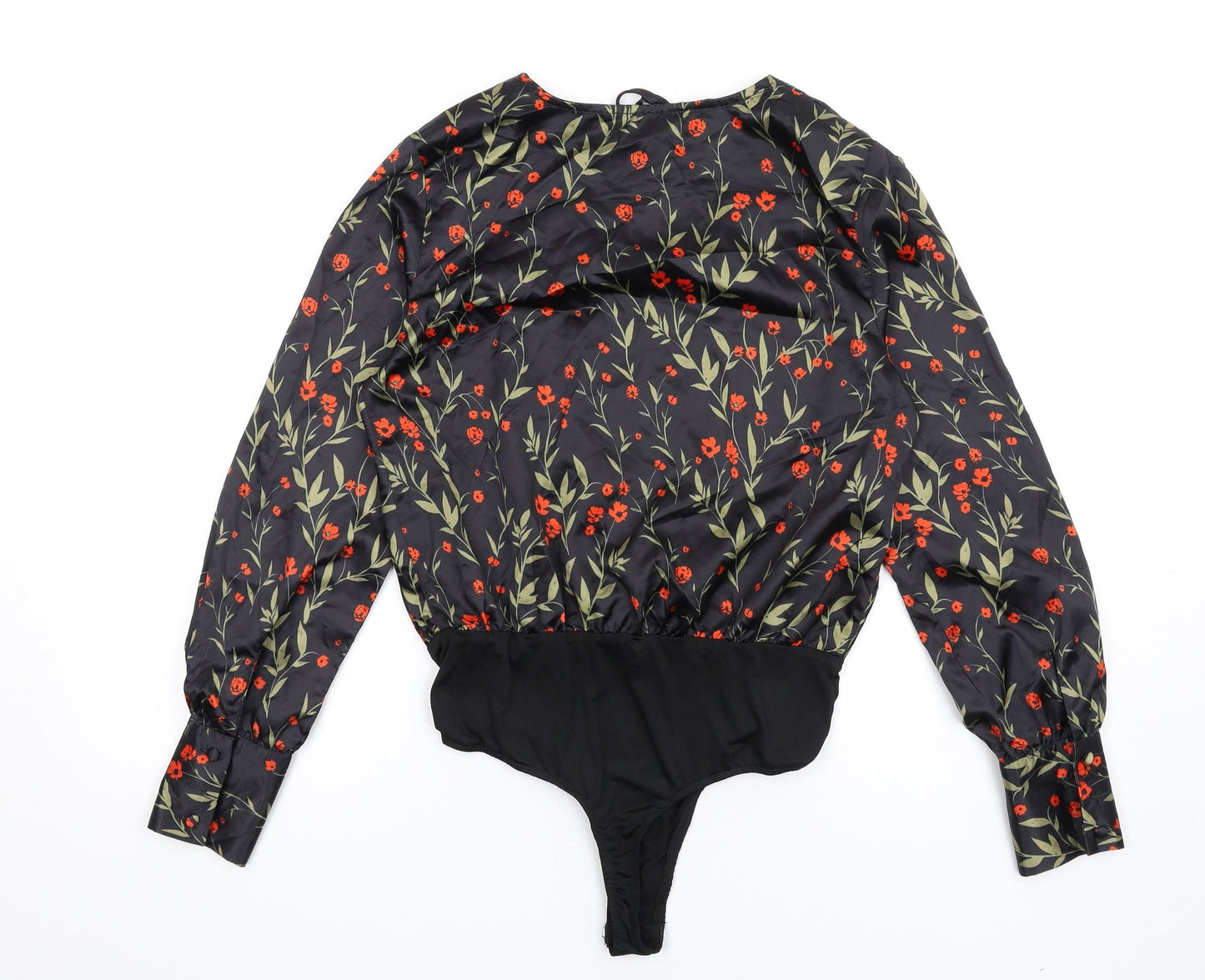 Missguided Womens Black Floral Polyester Bodysuit One-Piece Size 10 Snap