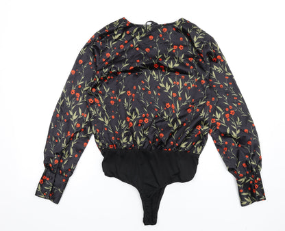 Missguided Womens Black Floral Polyester Bodysuit One-Piece Size 10 Snap