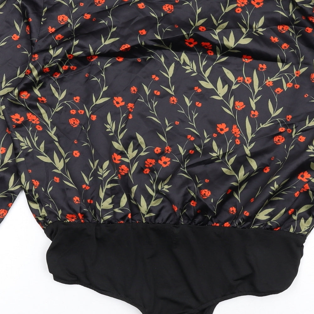 Missguided Womens Black Floral Polyester Bodysuit One-Piece Size 10 Snap