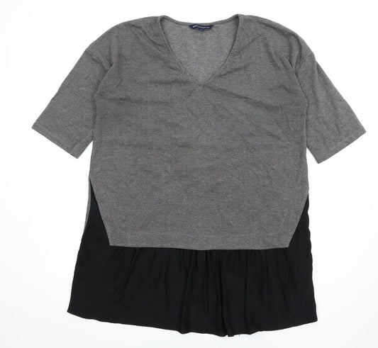 French Connection Womens Grey Herringbone Polyester T-Shirt Dress Size S V-Neck Pullover