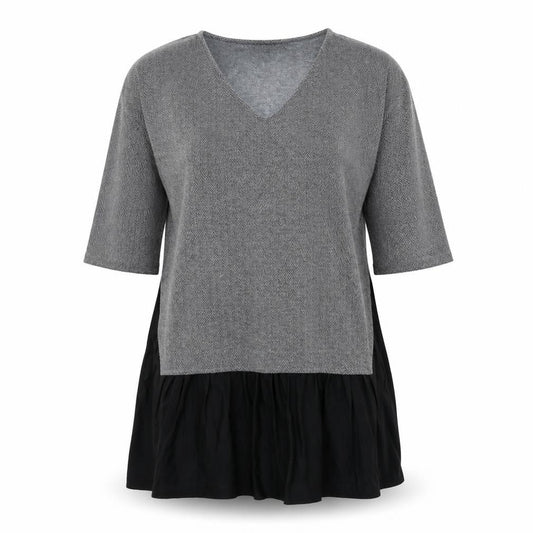 Front view of French Connection women’s grey herringbone polyester t-shirt dress, size S, v-neck pullover