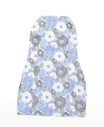 Missguided Womens Blue Floral Polyester Mini Size 10 Square Neck Zip