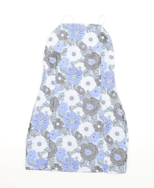 Missguided Womens Blue Floral Polyester Mini Size 10 Square Neck Zip