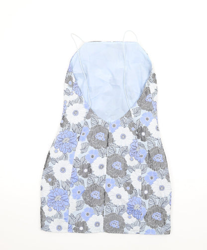 Missguided Womens Blue Floral Polyester Mini Size 10 Square Neck Zip