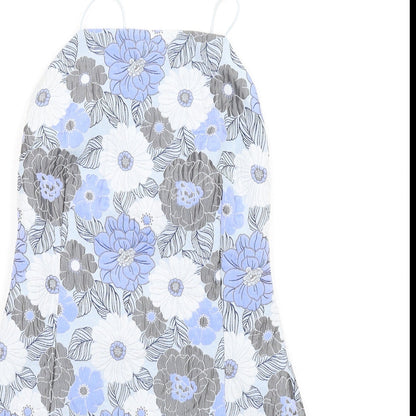 Missguided Womens Blue Floral Polyester Mini Size 10 Square Neck Zip
