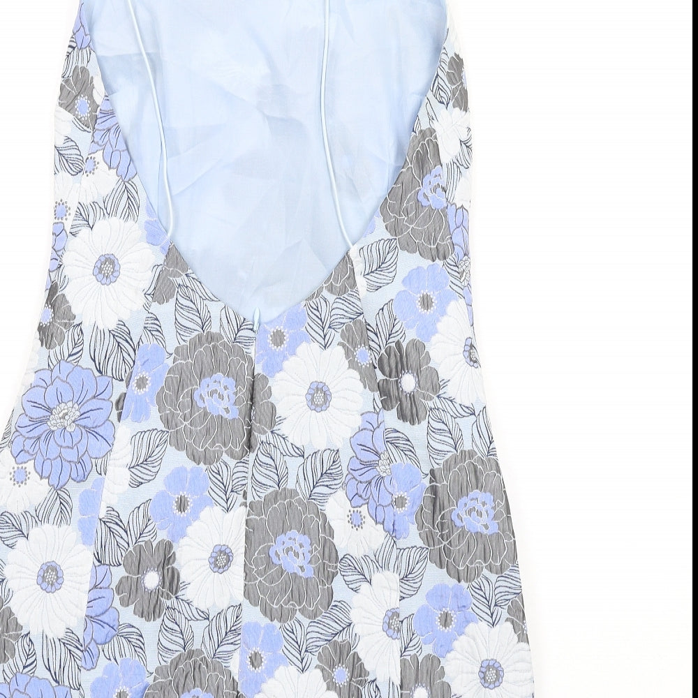 Missguided Womens Blue Floral Polyester Mini Size 10 Square Neck Zip