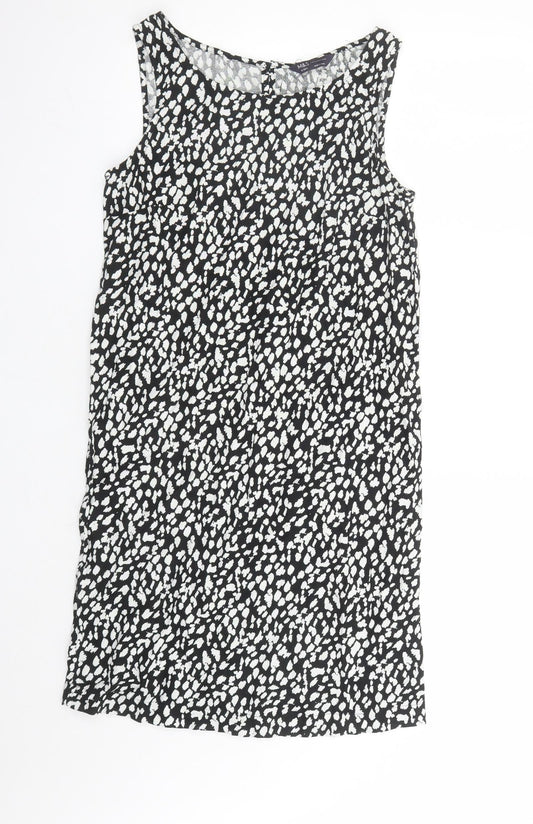 Marks and Spencer Womens Black Geometric Linen A-Line Size 8 Round Neck Button