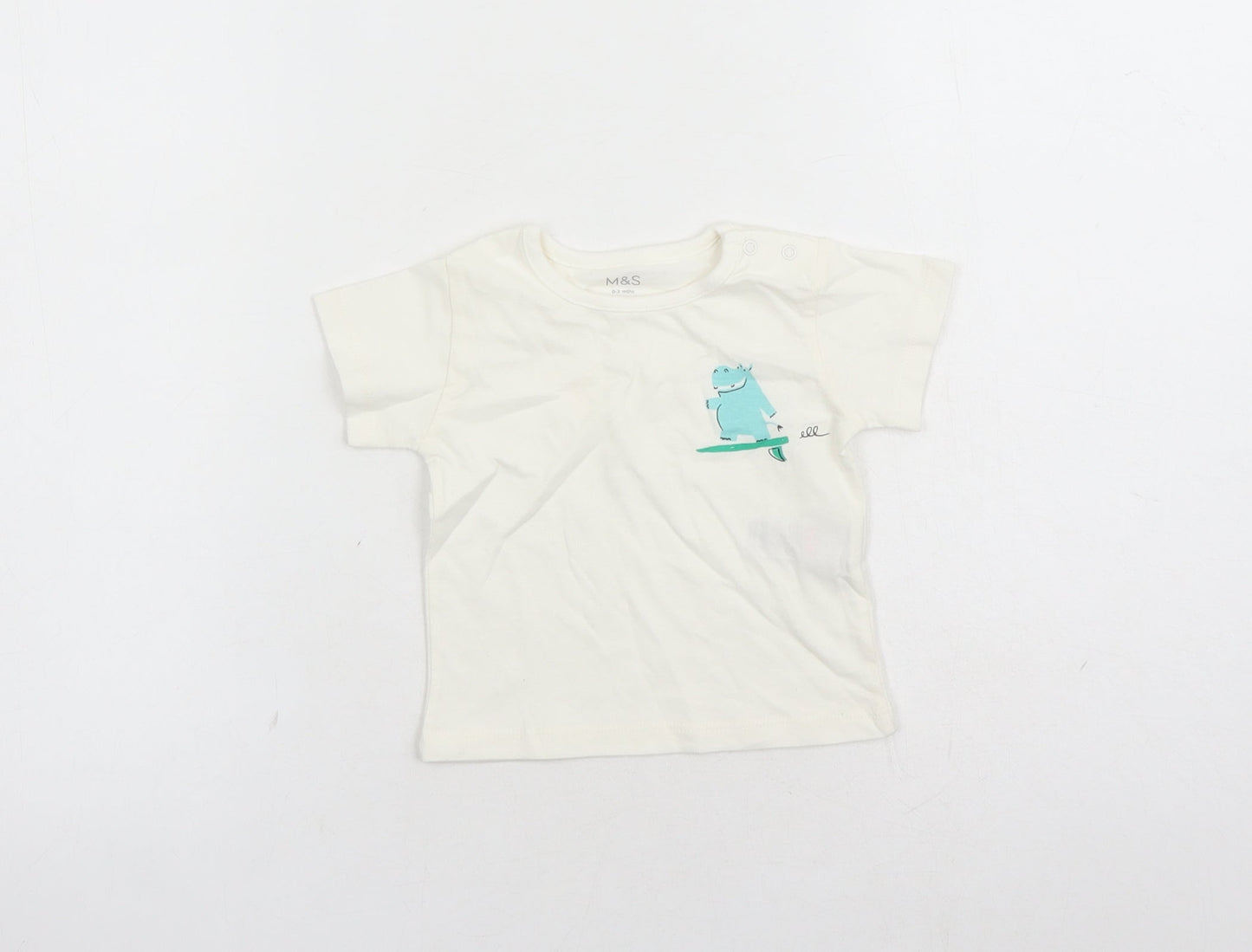 Marks and Spencer Boys White Cotton Basic T-Shirt Size 0-3 Months Round Neck Snap - Hippo Graphic