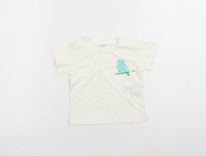 Marks and Spencer Boys White Cotton Basic T-Shirt Size 0-3 Months Round Neck Snap - Hippo Graphic