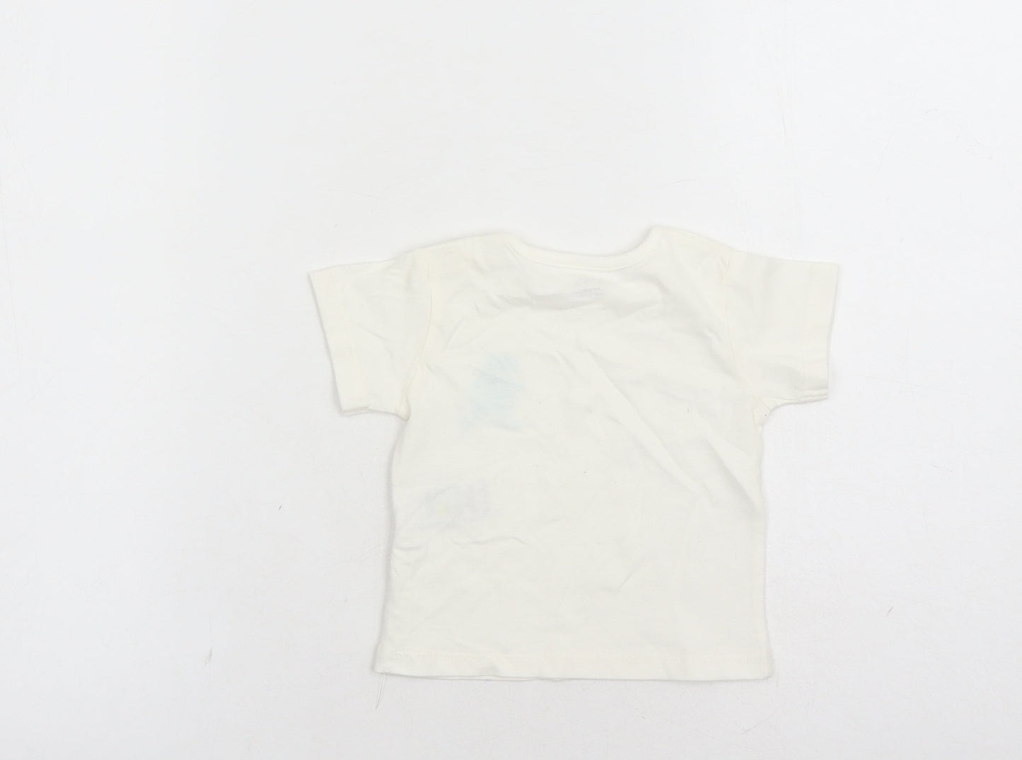 Marks and Spencer Boys White Cotton Basic T-Shirt Size 0-3 Months Round Neck Snap - Hippo Graphic