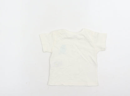 Marks and Spencer Boys White Cotton Basic T-Shirt Size 0-3 Months Round Neck Snap - Hippo Graphic
