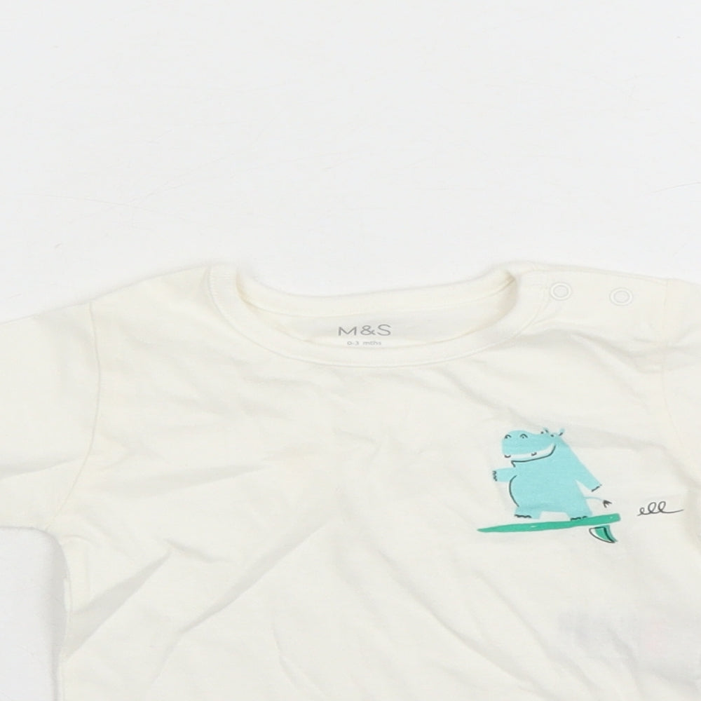 Marks and Spencer Boys White Cotton Basic T-Shirt Size 0-3 Months Round Neck Snap - Hippo Graphic