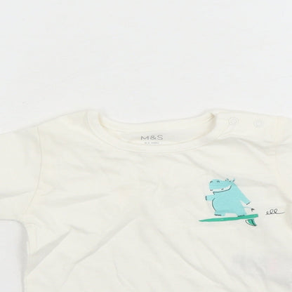 Marks and Spencer Boys White Cotton Basic T-Shirt Size 0-3 Months Round Neck Snap - Hippo Graphic