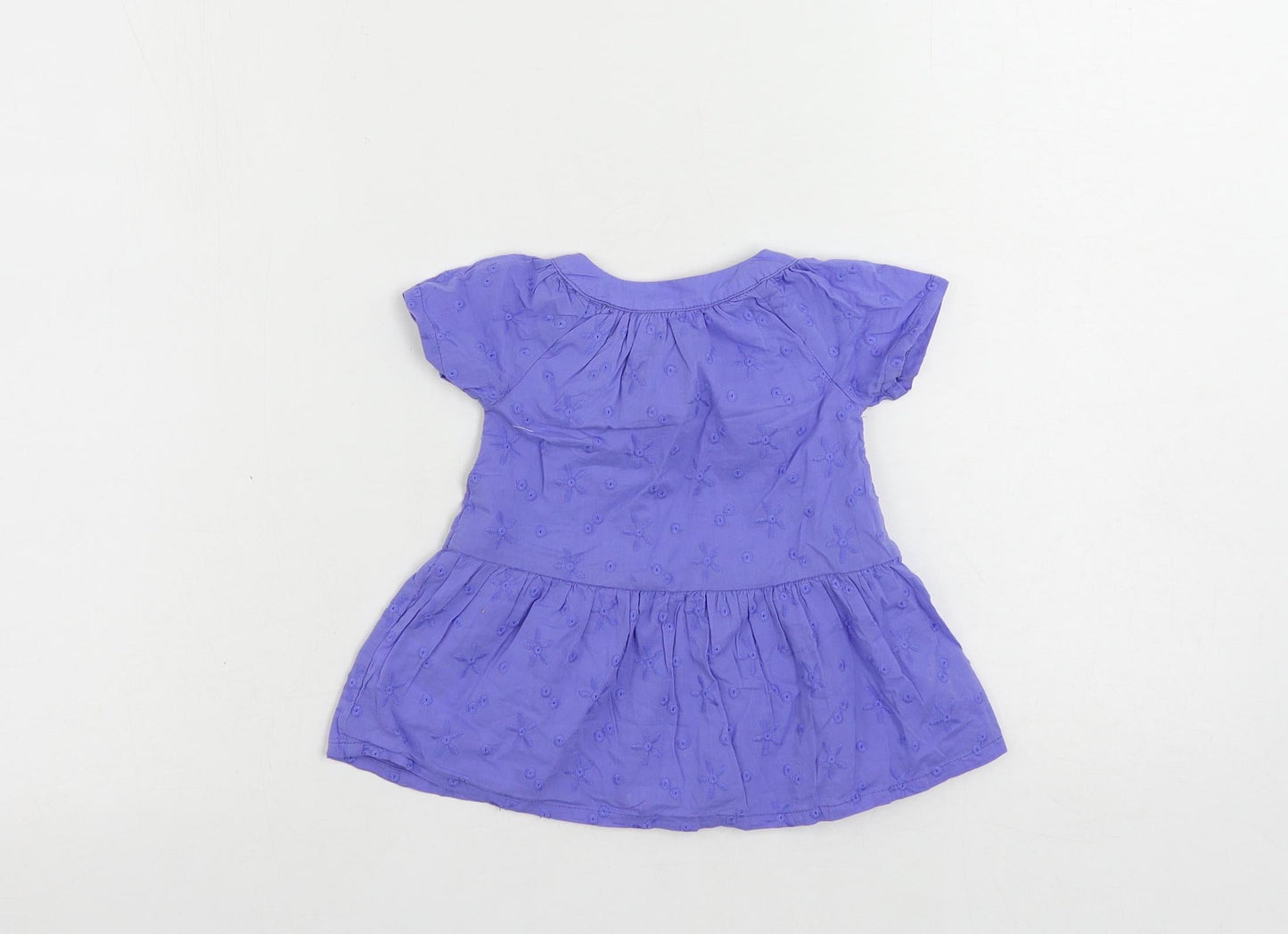 Marks and Spencer Baby Blue Cotton A-Line Size 0-3 Months Round Neck Button - Embroidered