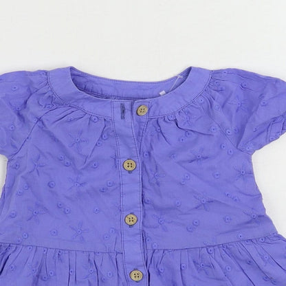 Marks and Spencer Baby Blue Cotton A-Line Size 0-3 Months Round Neck Button - Embroidered