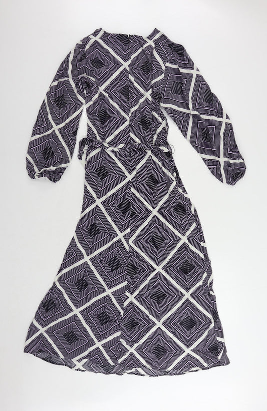 Marks and Spencer Womens Purple Geometric Viscose A-Line Size 8 Round Neck Zip - Belted