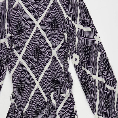 Marks and Spencer Womens Purple Geometric Viscose A-Line Size 8 Round Neck Zip - Belted