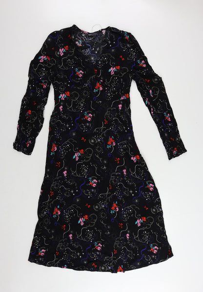 Marks and Spencer Womens Black Geometric Viscose A-Line Size 10 V-Neck Zip