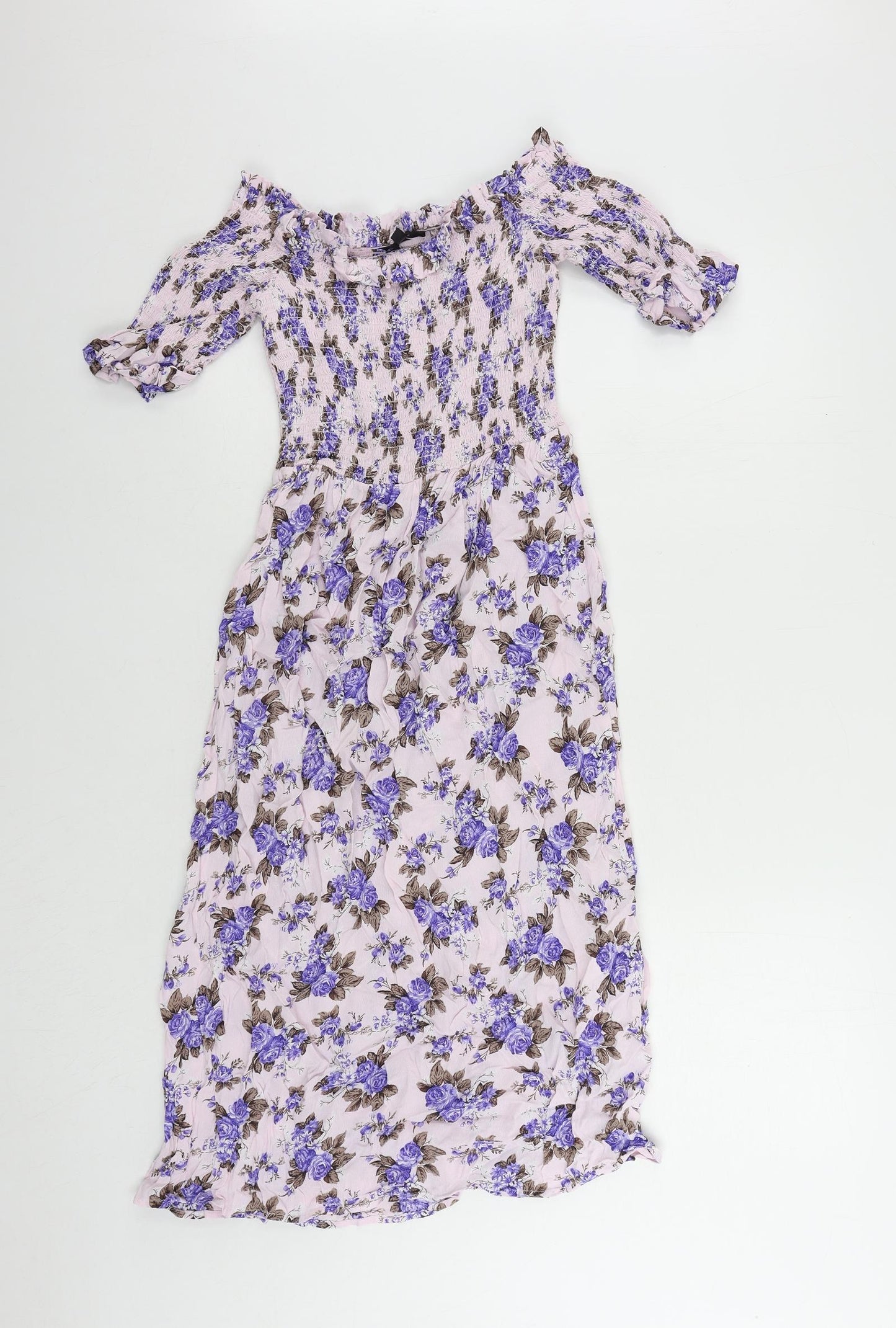 Topshop Womens Pink Floral Viscose A-Line Size 8 Off the Shoulder Pullover - Shirred