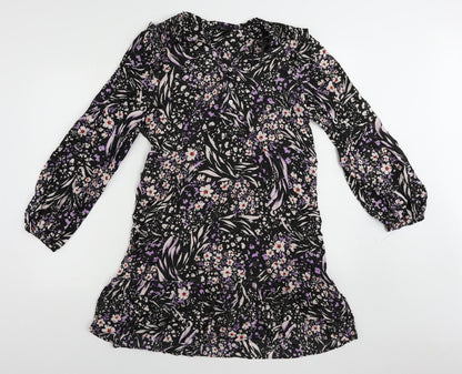 Marks and Spencer Womens Black Floral Viscose A-Line Size 16 V-Neck Button - Ruffle