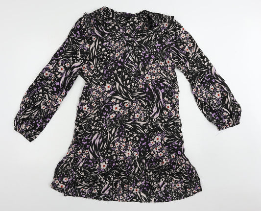 Marks and Spencer Womens Black Floral Viscose A-Line Size 16 V-Neck Button - Ruffle