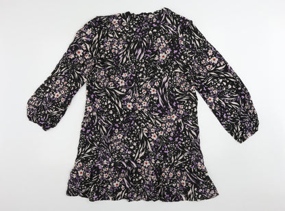 Marks and Spencer Womens Black Floral Viscose A-Line Size 16 V-Neck Button - Ruffle