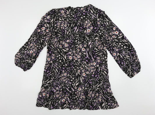 Marks and Spencer Womens Black Floral Viscose A-Line Size 16 V-Neck Button - Ruffle