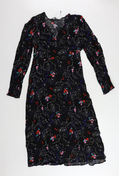 Marks and Spencer Womens Black Geometric Viscose A-Line Size 10 V-Neck Zip