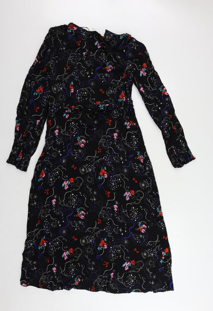 Marks and Spencer Womens Black Geometric Viscose A-Line Size 10 V-Neck Zip