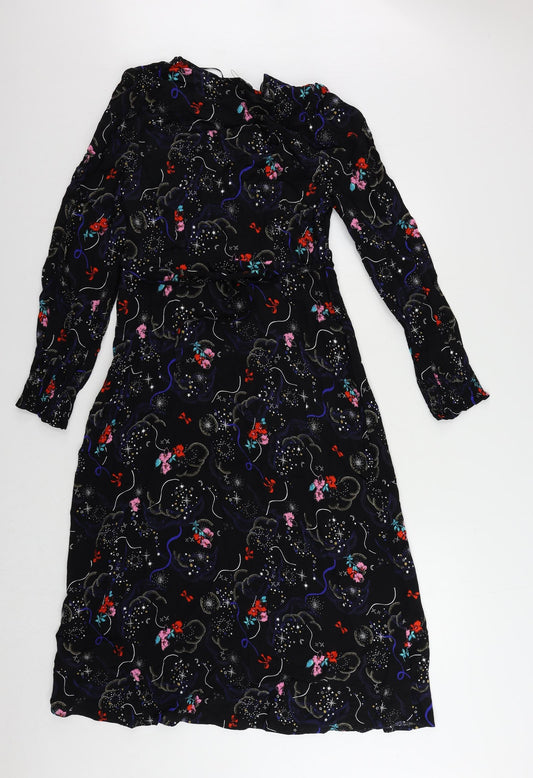 Marks and Spencer Womens Black Geometric Viscose A-Line Size 10 V-Neck Zip