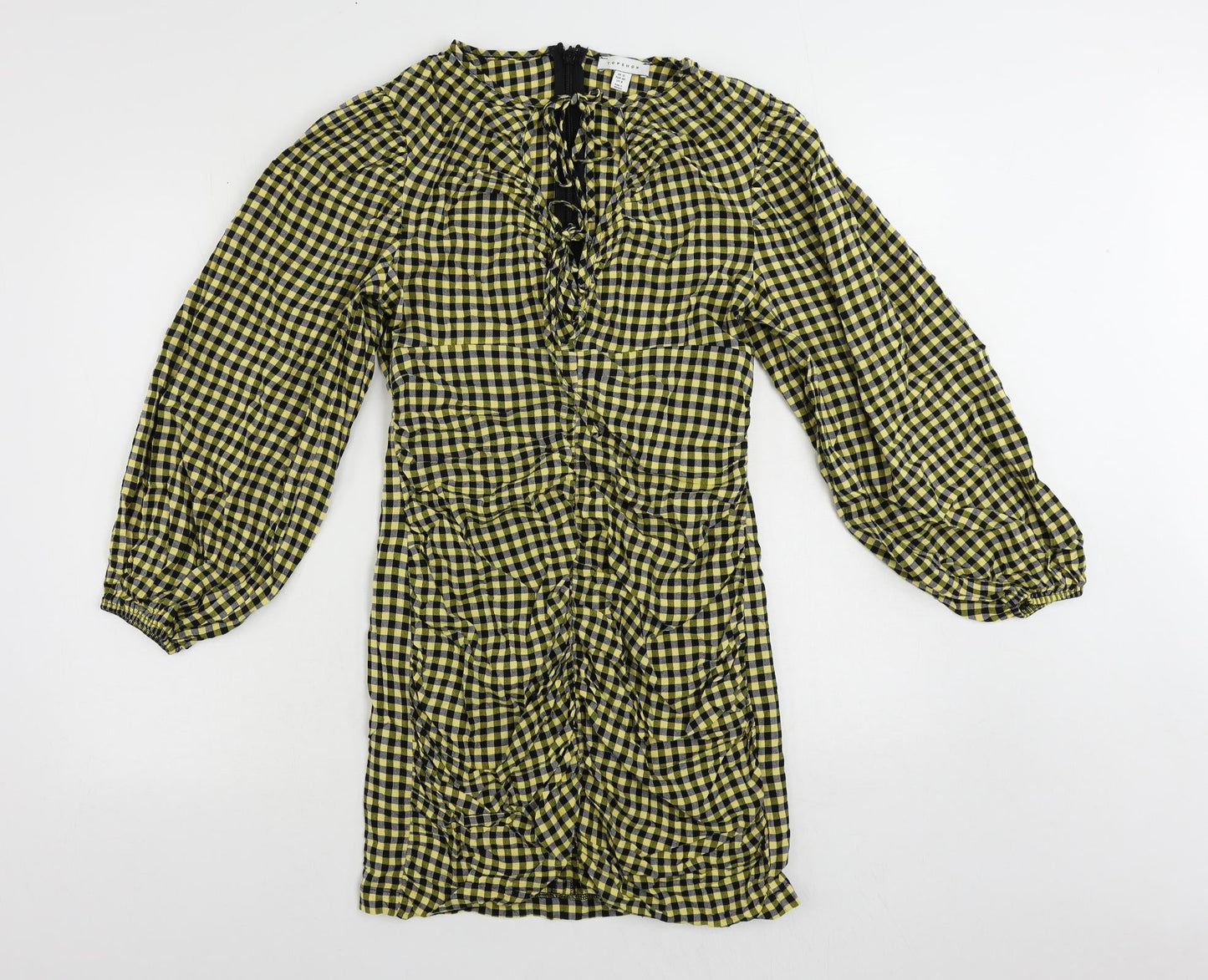 Topshop Womens Yellow Gingham Viscose Pencil Dress Size 10 V-Neck Zip