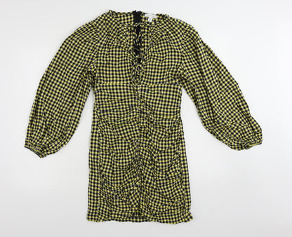 Topshop Womens Yellow Gingham Viscose Pencil Dress Size 10 V-Neck Zip