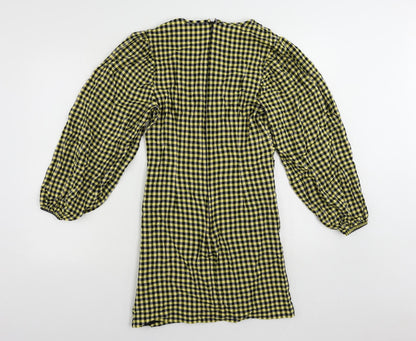 Topshop Womens Yellow Gingham Viscose Pencil Dress Size 10 V-Neck Zip