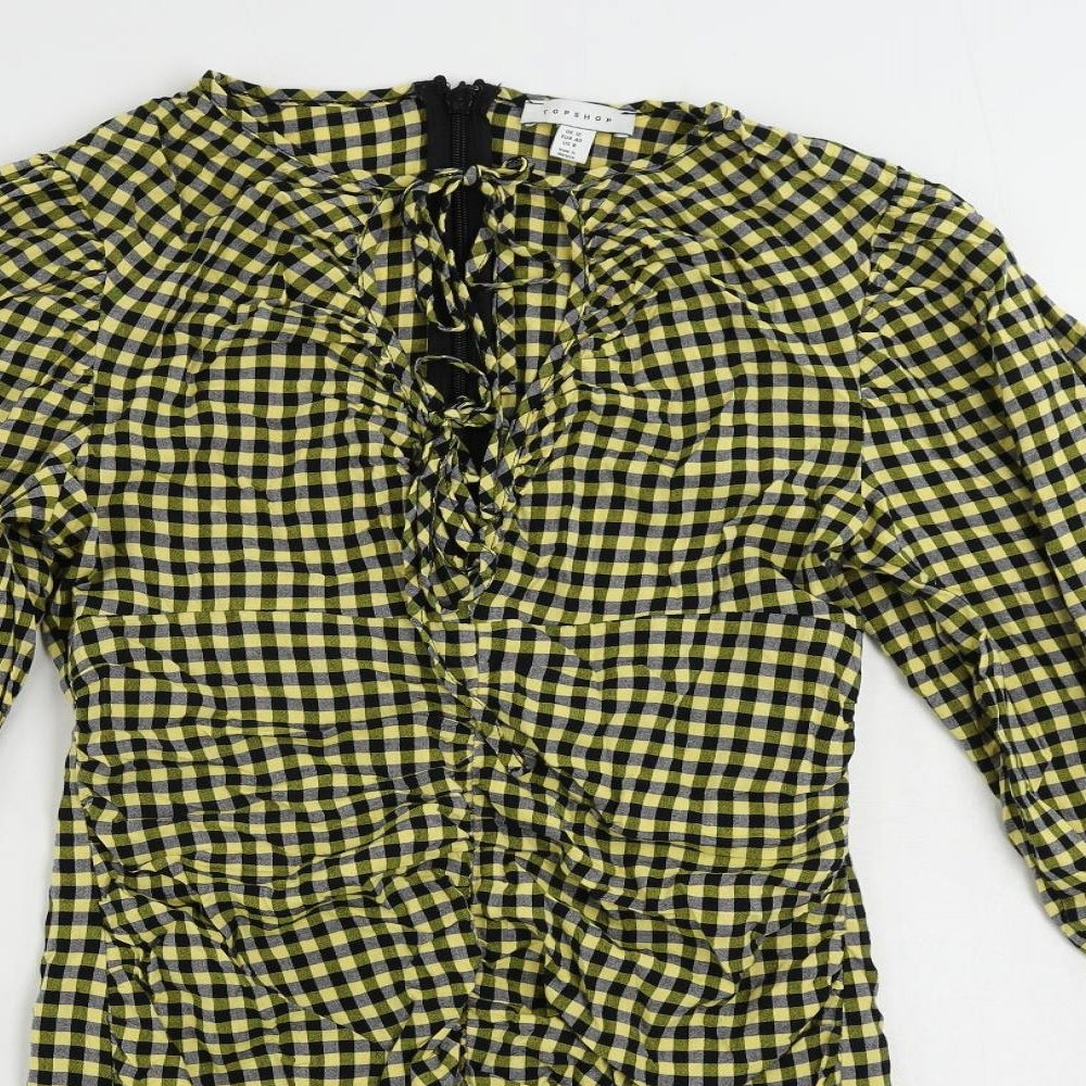 Topshop Womens Yellow Gingham Viscose Pencil Dress Size 10 V-Neck Zip