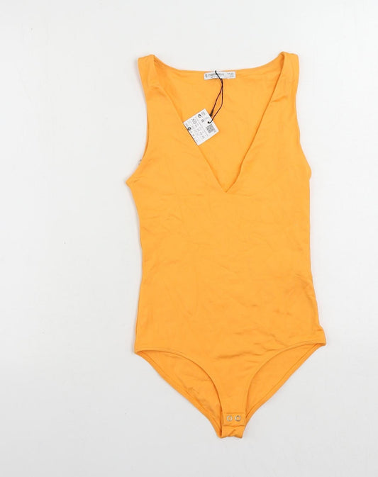 Stradivarius Womens Orange Polyamide Bodysuit One-Piece Size XS Snap